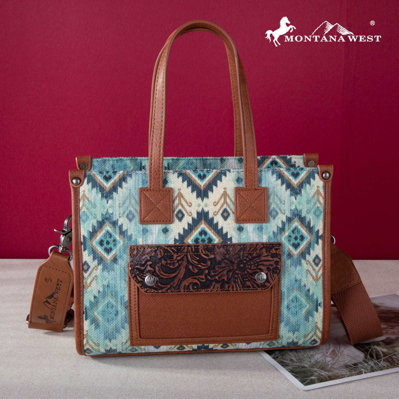 Montana West Allover Aztec Floral Tooled Crossbody Canvas Tote - Montana West World