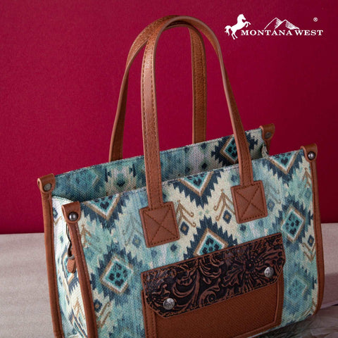 Montana West Allover Aztec Floral Tooled Crossbody Canvas Tote - Montana West World