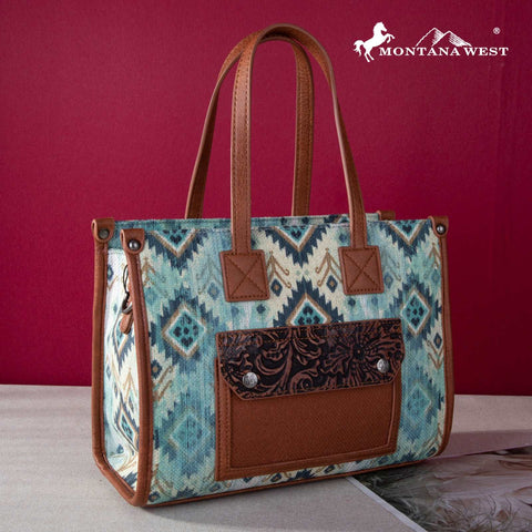 Montana West Allover Aztec Floral Tooled Crossbody Canvas Tote - Montana West World