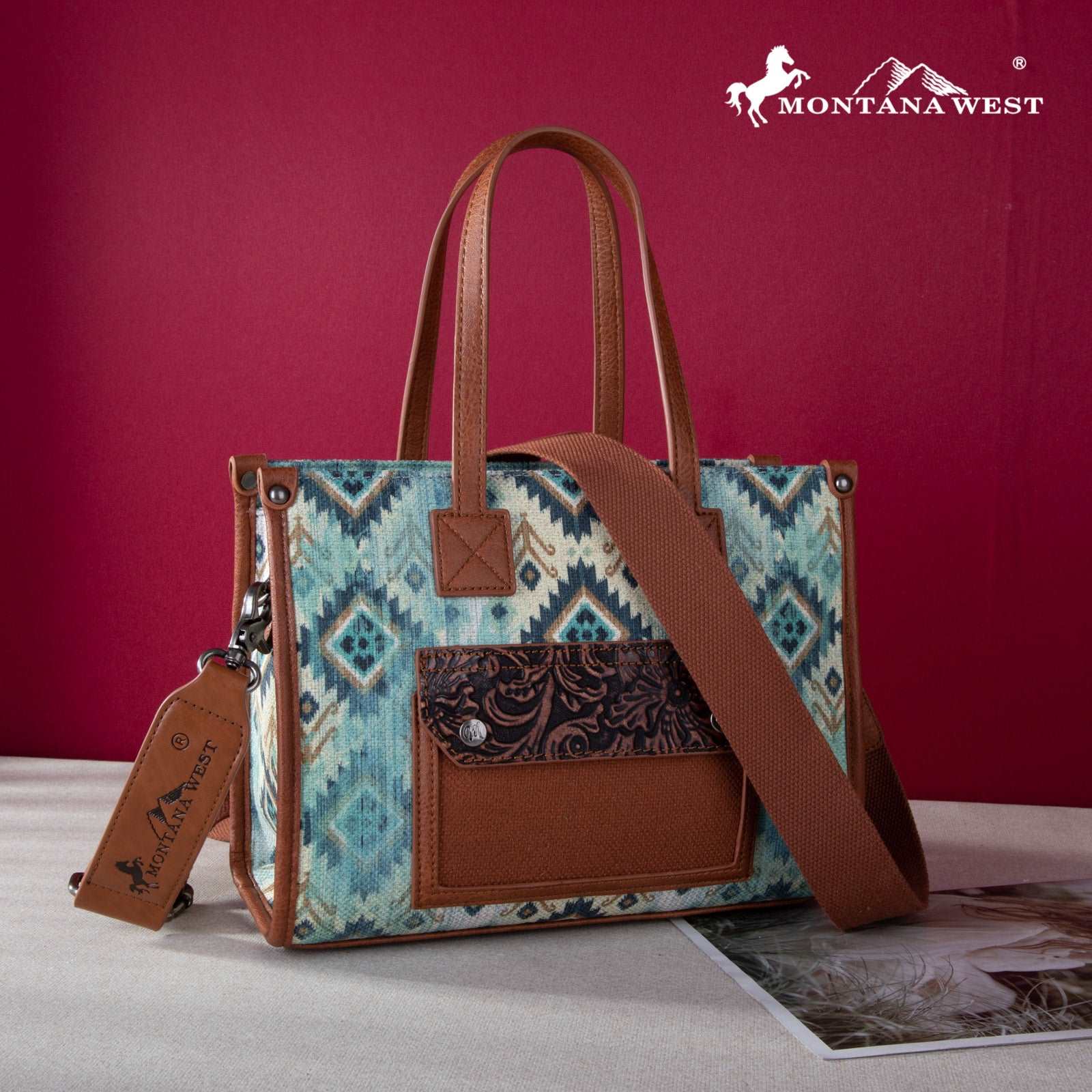 Montana West Allover Aztec Floral Tooled Crossbody Canvas Tote - Montana West World