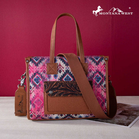 Montana West Allover Aztec Floral Tooled Crossbody Canvas Tote - Montana West World