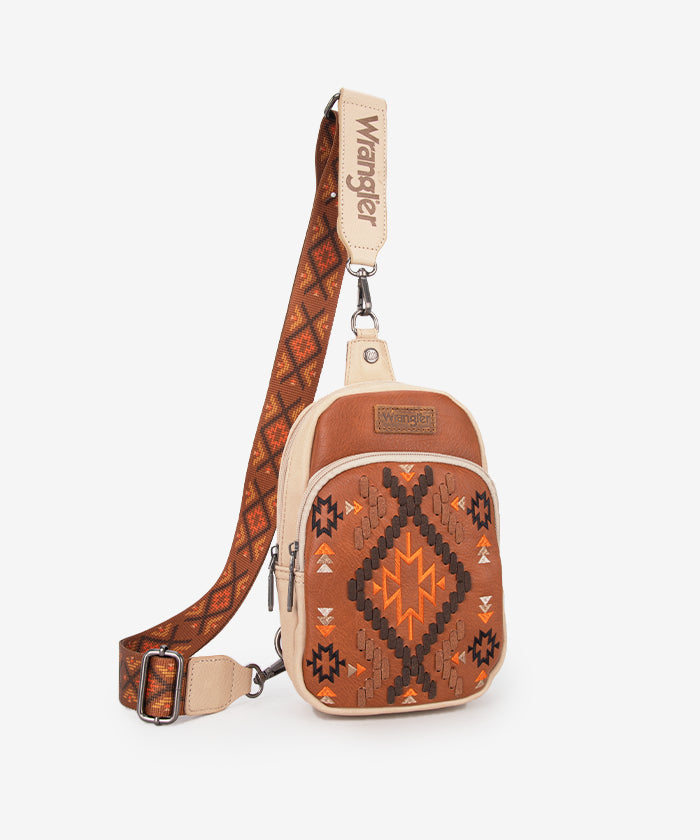 Wrangler Aztec Embroidered Whipstitch Sling Bag Brown