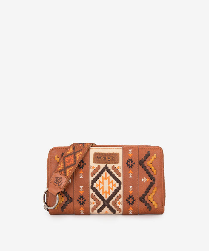 Wrangler Aztec Embroidered Whipstitch Wristlet Brown