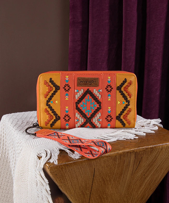 Wrangler Aztec Embroidered Whipstitch Wristlet Orange