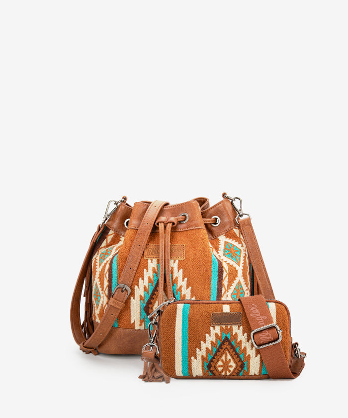 Wrangler Aztec Knitted Bucket Bag Set Brown