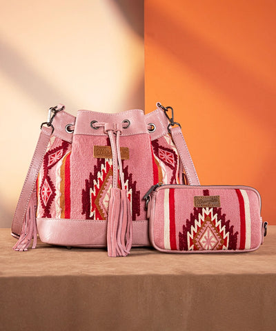 Wrangler Aztec Knitted Bucket Bag Set Hot Pink