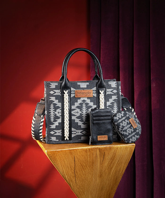 Wrangler Aztec Print Tote Bag Set Black