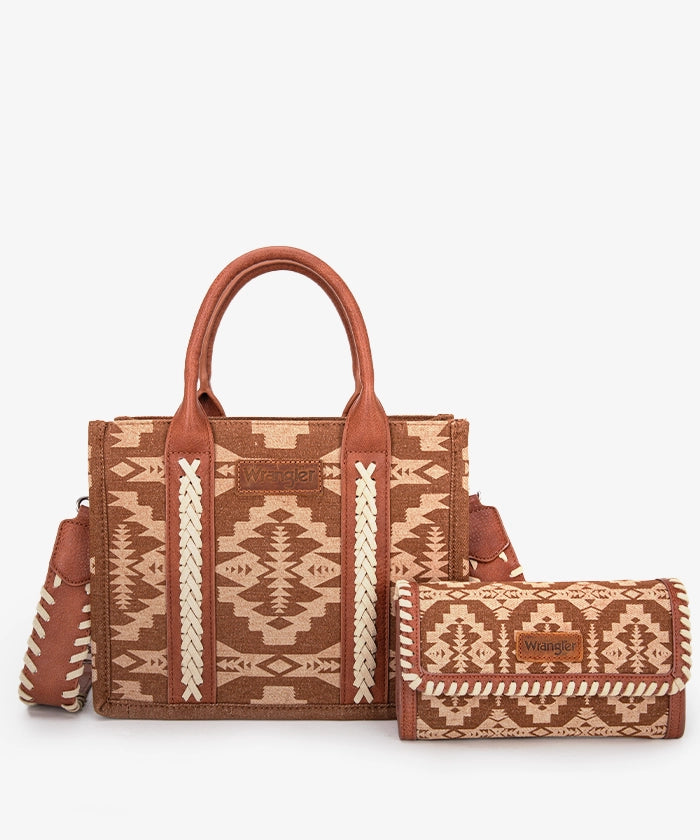 Wrangler Aztec Print Tote Bag Set Brown