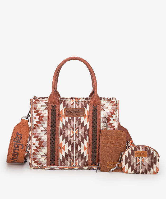 Wrangler Aztec Print Whipstitch Canvas Tote Bag Set Brown 