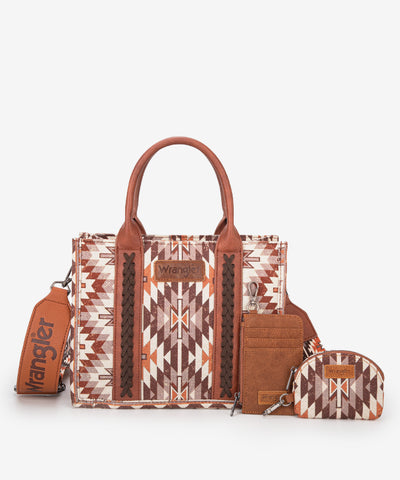 Wrangler Aztec Print Whipstitch Canvas Tote Bag Set Brown 