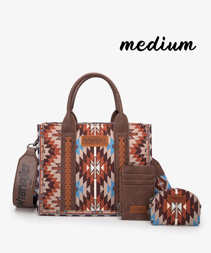 Wrangler Aztec Print Whipstitch Canvas Tote Bag Set Coffee