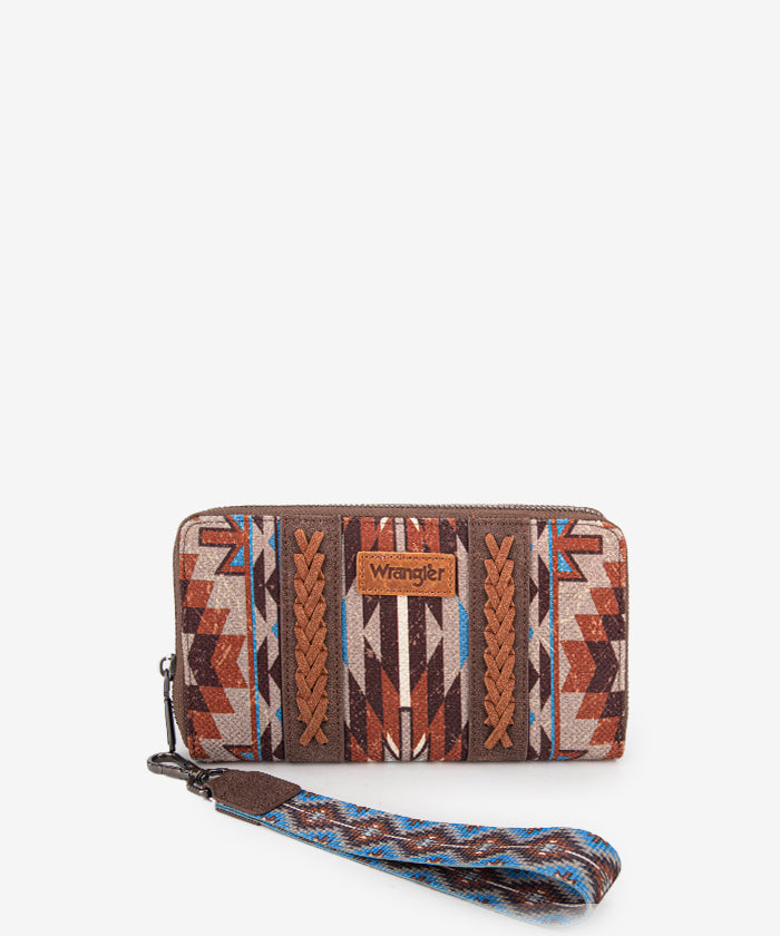 Wrangler Aztec Print Whipstitch Canvas Wallet Coffee 