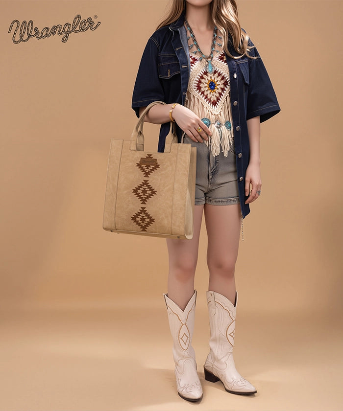 Wrangler Aztec Tribal Embroidered Tote Bag Tan