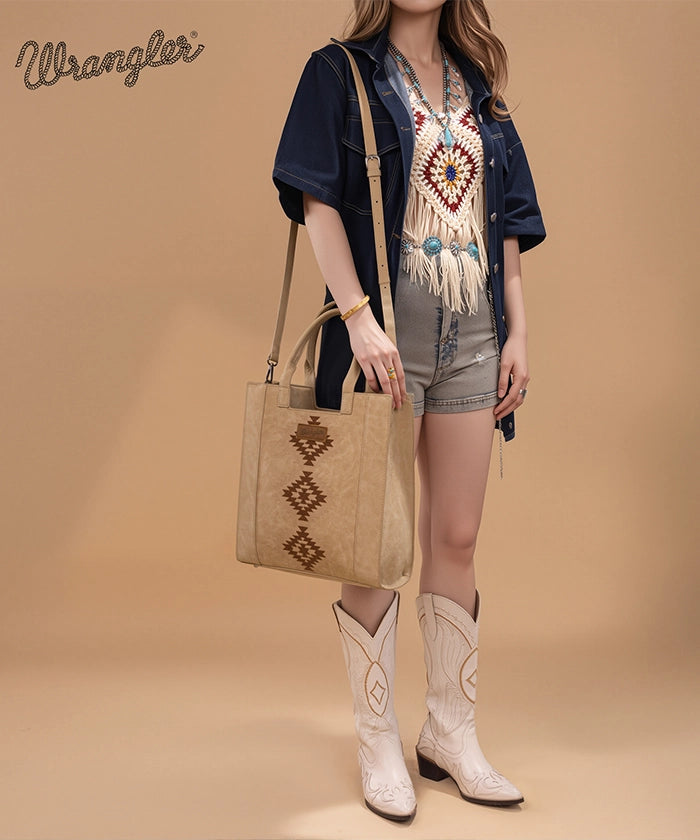 Wrangler Aztec Tribal Embroidered Tote Bag Tan