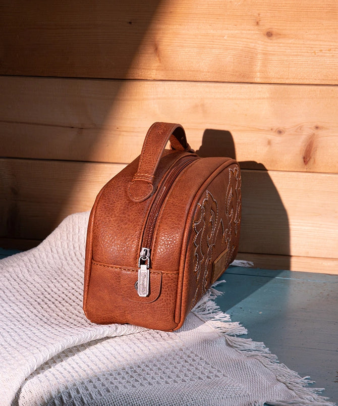 Brown western hot leather southwest makeup utility bag