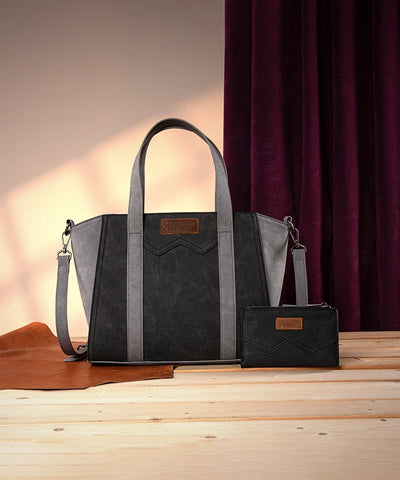 Wrangler Color Block Western Tote Carry Bag Set Black
