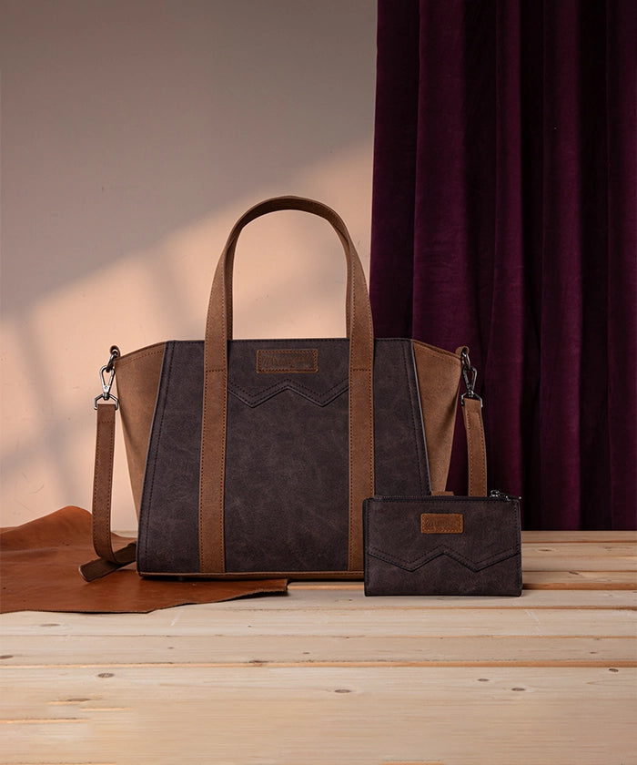 Wrangler Color Block Western Tote Carry Bag Set Coffee