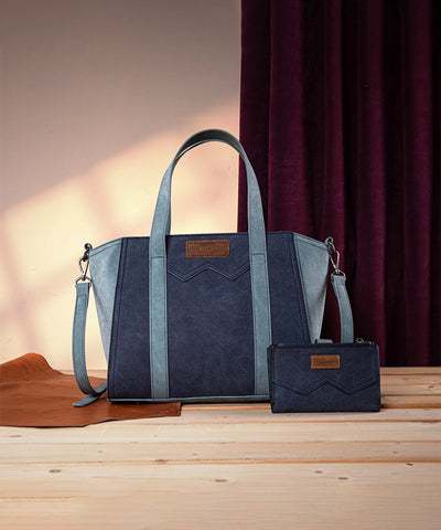Wrangler Color Block Western Tote Carry Bag Set Navy