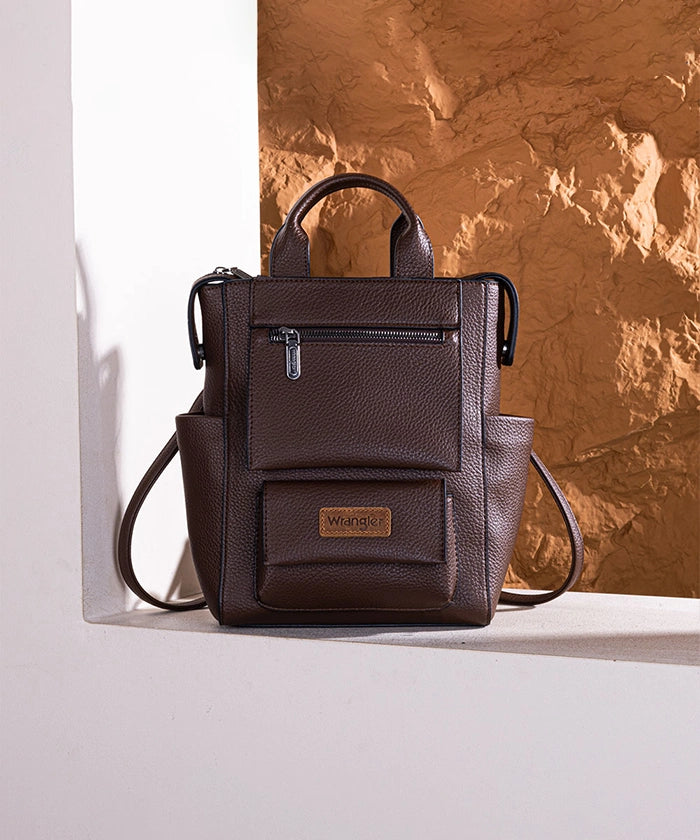 backpack with brown leather straps Wrangler Brown Cow Print Convertible Leather Backpack