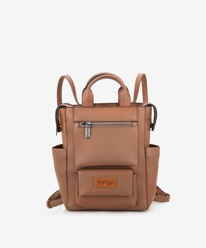 brown faux leather backpack top flap snap closure Wrangler Brown Cow Print Convertible Leather Backpack