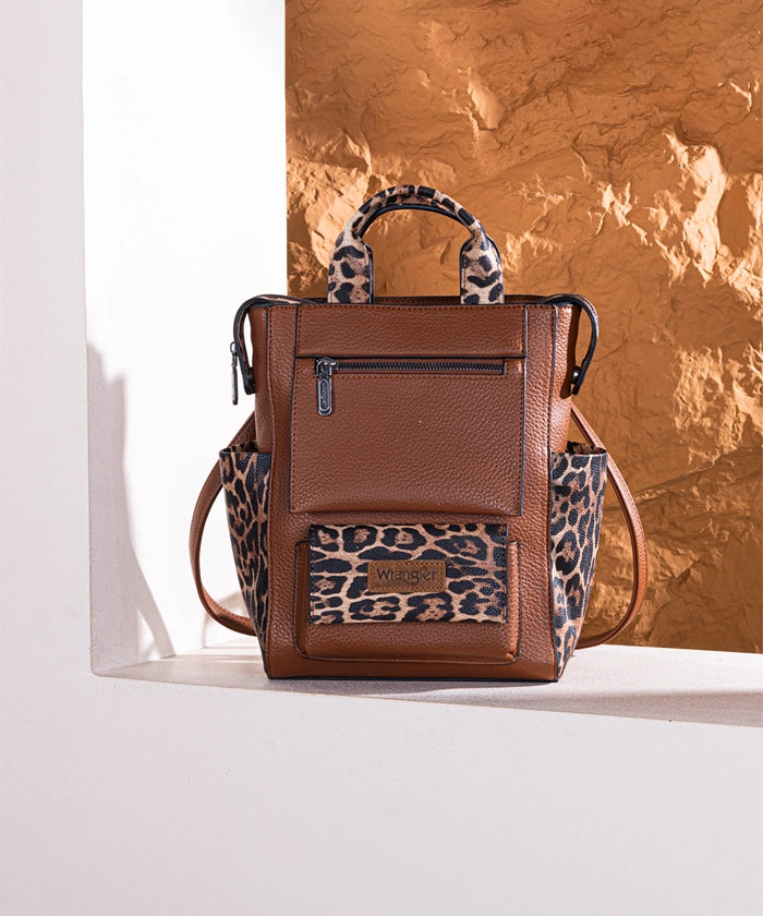 convertible leather backpack tote Wrangler Brown Cow Print Convertible Leather Backpack