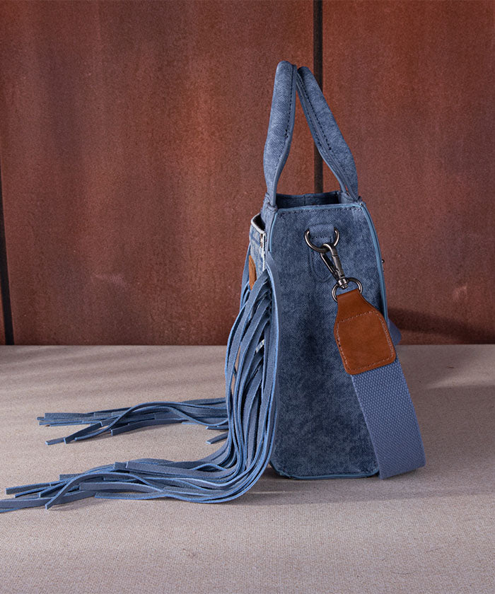 Wrangler Denim Pocket Fringe Crossbody Tote Blue