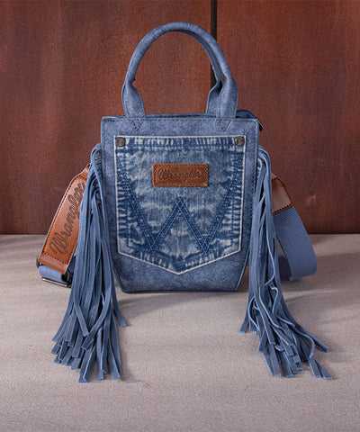 Wrangler Denim Pocket Fringe Crossbody Tote Blue