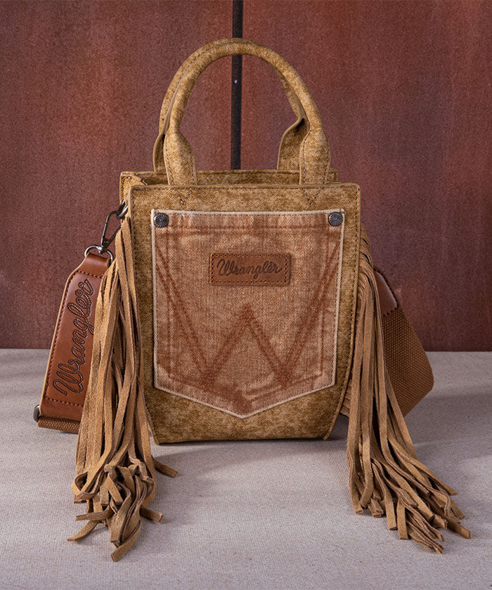 Wrangler Denim Pocket Fringe Crossbody Tote Brown