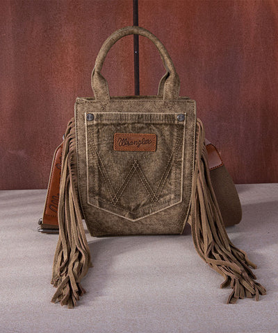 Wrangler Denim Pocket Fringe Crossbody Tote Khaki