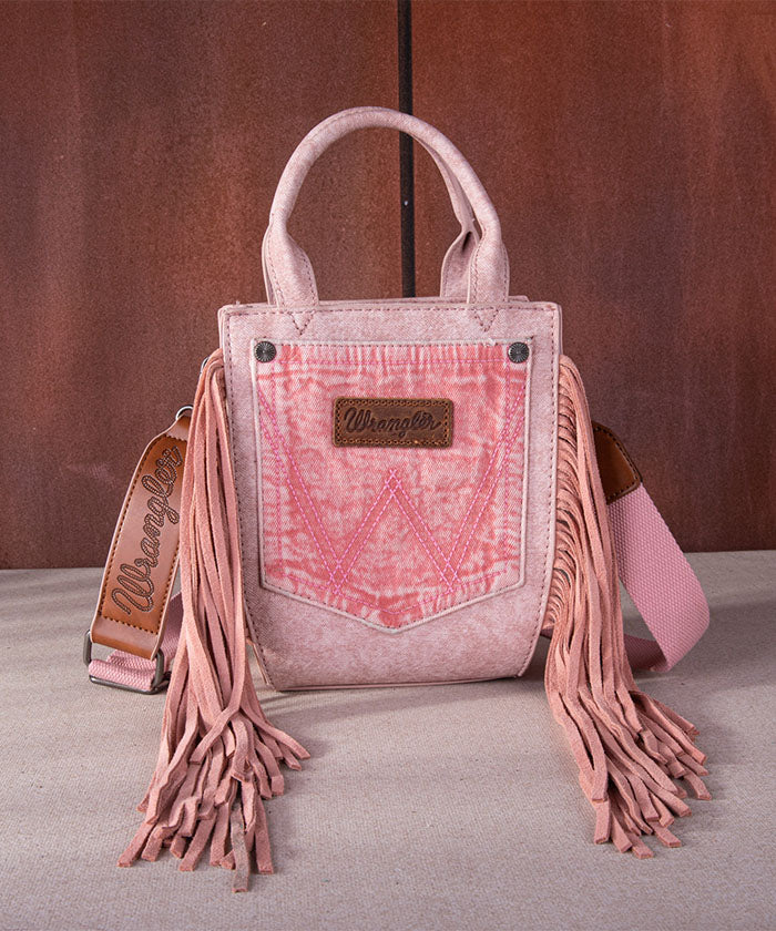 Wrangler Denim Pocket Fringe Crossbody Tote Pink