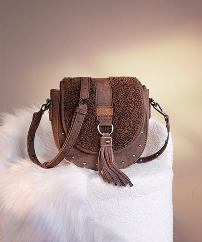 Wrangler Faux Shearling Flap Crossbody Purse Coffee