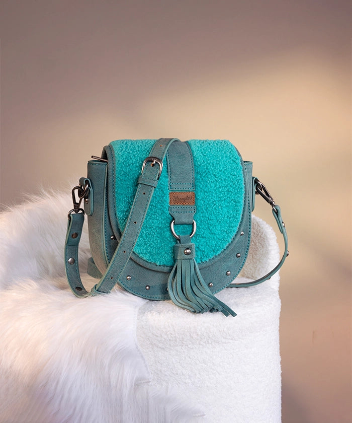 Wrangler Faux Shearling Flap Crossbody Purse Turquoise