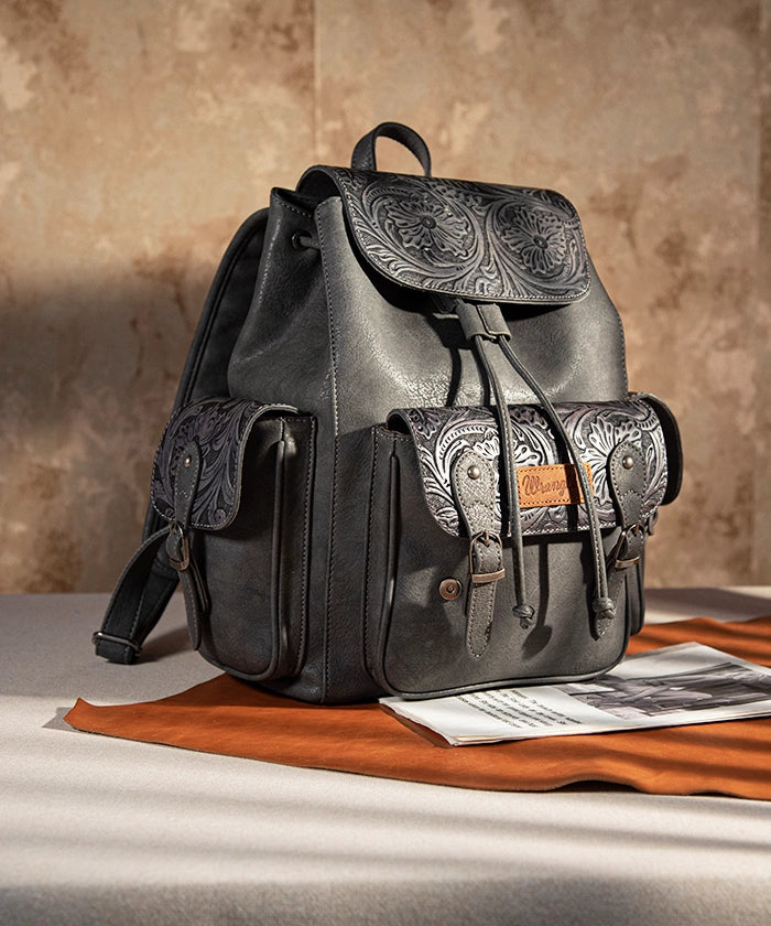 black floral leather flap backpack Wrangler Floral Tooled Backpack