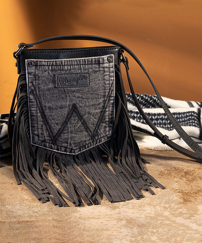 Wrangler Fringe Jean Denim Pocket Crossbody Bag Light Black