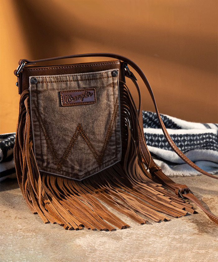 Wrangler Fringe Jean Denim Pocket Crossbody Bag Light Brown