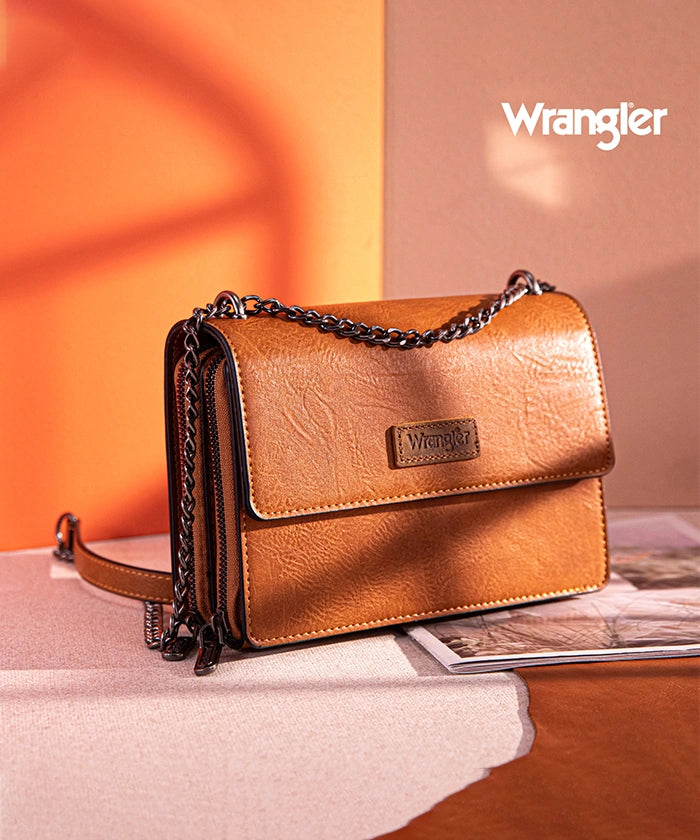 Wrangler Full-Grain Leather Flap Crossbody Purse Light Brown