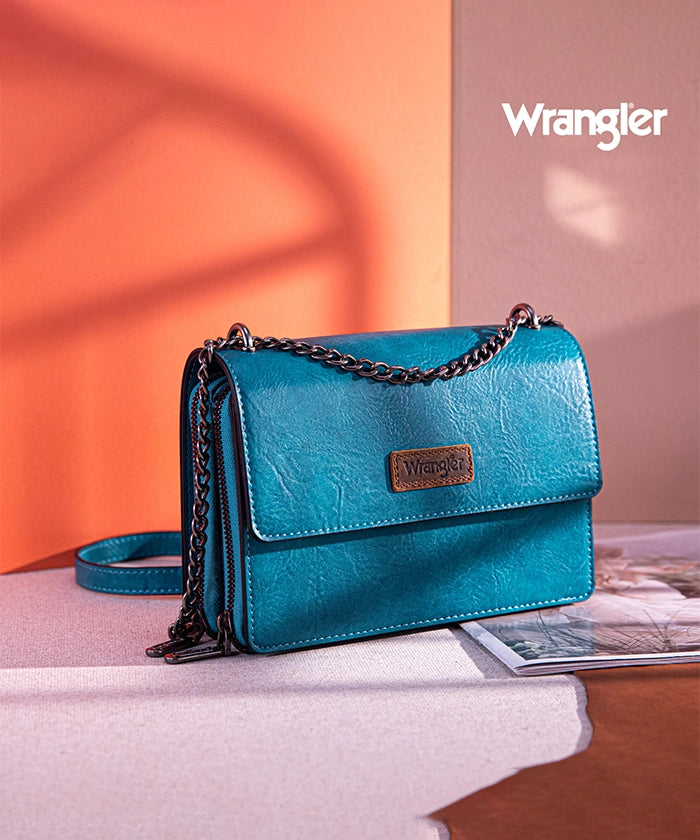 Wrangler Full-Grain Leather Flap Crossbody Purse Turquoise
