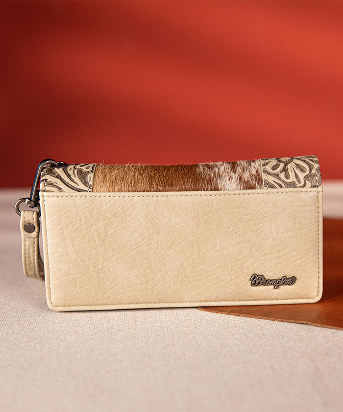 Wrangler Hair-On Cowhide Floral Tooled Wristlet Beige