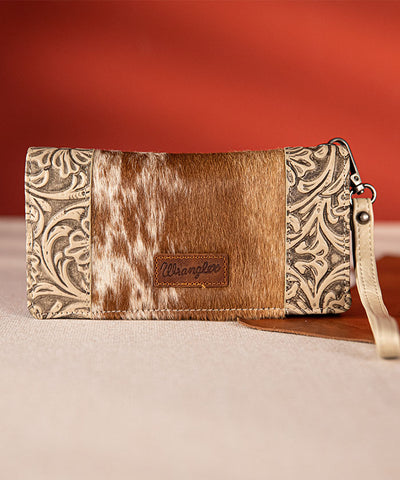 Wrangler Hair-On Cowhide Floral Tooled Wristlet Beige