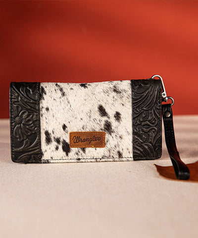 Wrangler Hair-On Cowhide Floral Tooled Wristlet Black