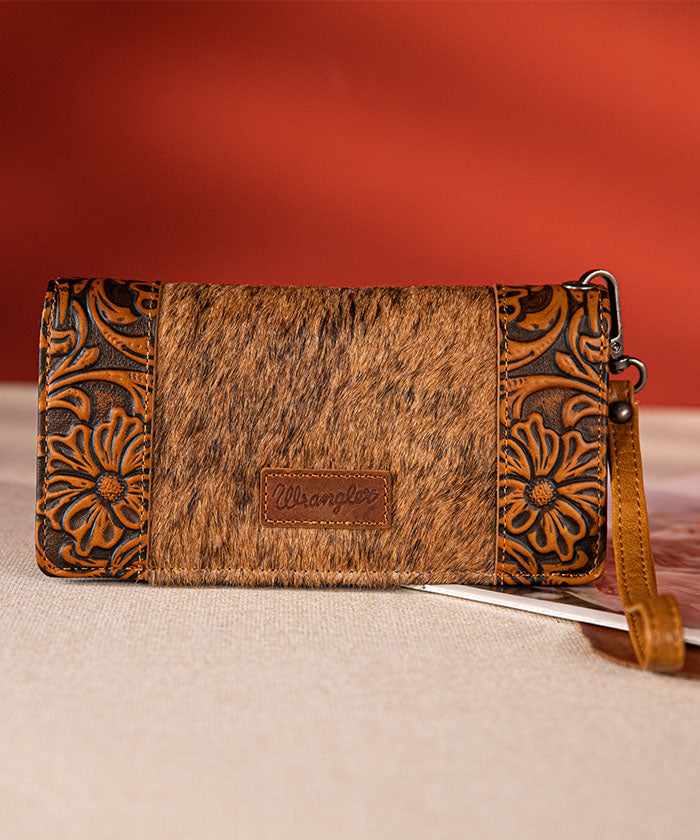 Wrangler Hair-On Cowhide Floral Tooled Wristlet Brown