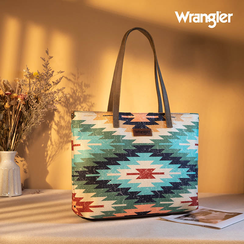 Wrangler Southwestern Dual Sided Print Canvas Tote Bag Light Green