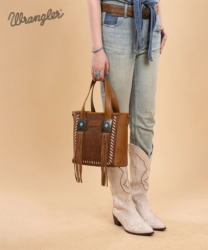 Wrangler Tooled Fringe Concealed Carry Purse Brown1
