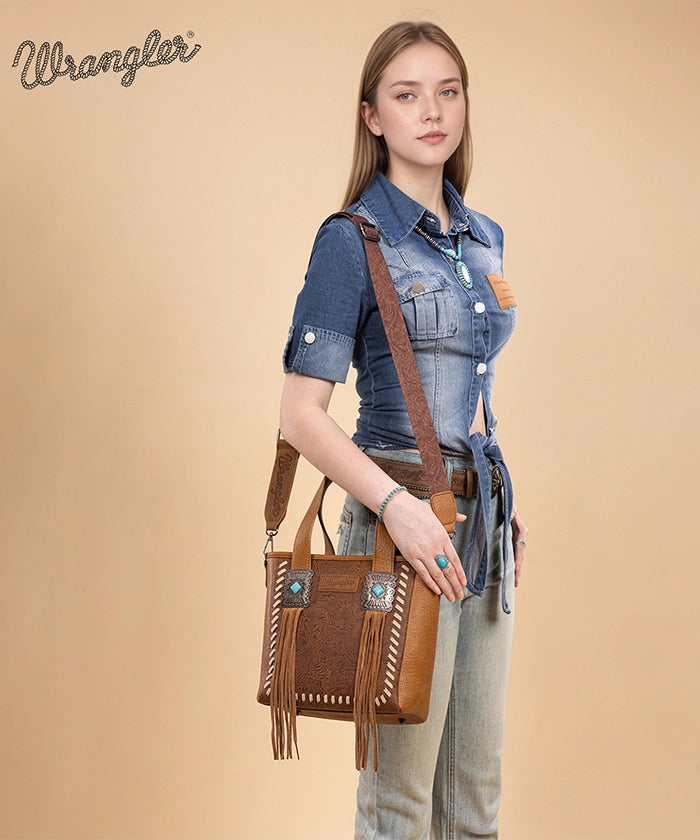 Wrangler Tooled Fringe Concealed Carry Purse Brown