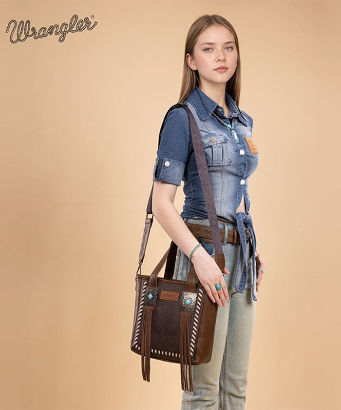 Wrangler Tooled Fringe Concealed Carry Purse Coffee