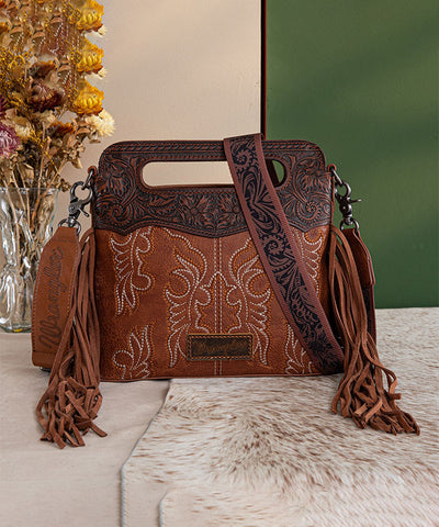 Wrangler Tooled Fringe Crossbody Bag Brown