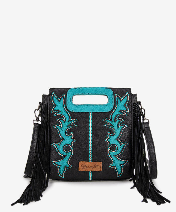 Wrangler Top Handle Embroidered Fringe Tote Bag Black