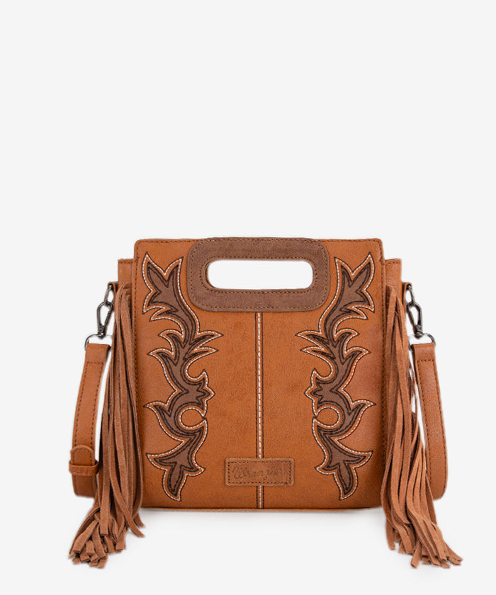 Wrangler Top Handle Embroidered Fringe Tote Bag Brown