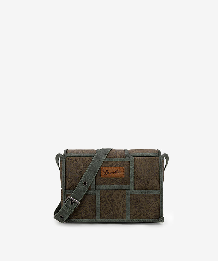Wrangler Woven Tooled Grid Panel Flap Crossbody Bag Green
