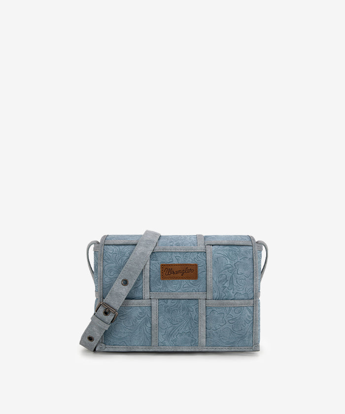 Wrangler Woven Tooled Grid Panel Flap Crossbody Bag JEAN